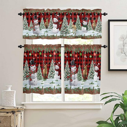 Christmas Snowman Kitchen Curtains and Valances Set, Christmas Tree Window Treatments Tiers Red Xmas Snowy Winter Semi Sheer Half/Short Curtains for Small Windows Cafe /Living Room/ Bedroom 54x 36 in