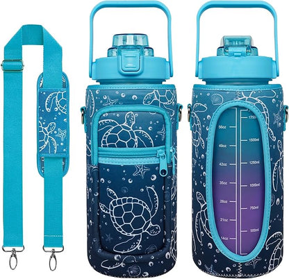 Sea Turtle Half Gallon Water Bottle with Sleeve Water Bottle 64 Oz Water Bottle with Time Marker, Leakproof-Free Drinking Water Bottle, Sports Turtle Water Bottle Half Gallon Water Jugs