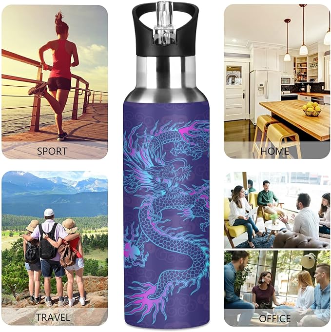 Blueangle 32oz Purple Chinese Dragon Water Bottle, BPA Free Stainless Steel Water Bottle Leak-Proof Sports Bottle for Camping Workouts Gym and Outdoor Activity
