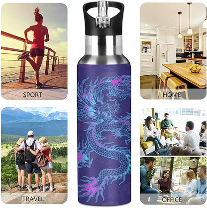 Blueangle 32oz Purple Chinese Dragon Water Bottle, BPA Free Stainless Steel Water Bottle Leak-Proof Sports Bottle for Camping Workouts Gym and Outdoor Activity