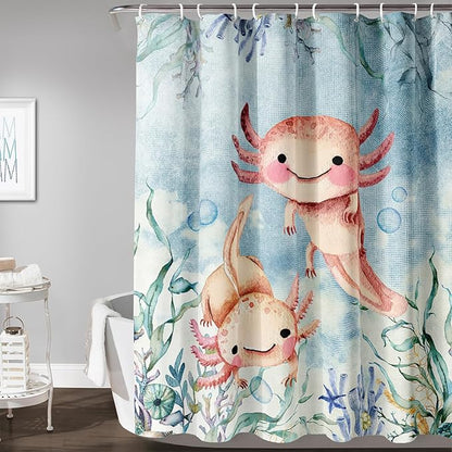 AILONEN Cute Axolotl Shower Curtains,Seaweed Salamander Bath Curtain for Kids Bathroom Decor,Polyester Waterproof with 12 Plastic Hooks 72" W*84" H