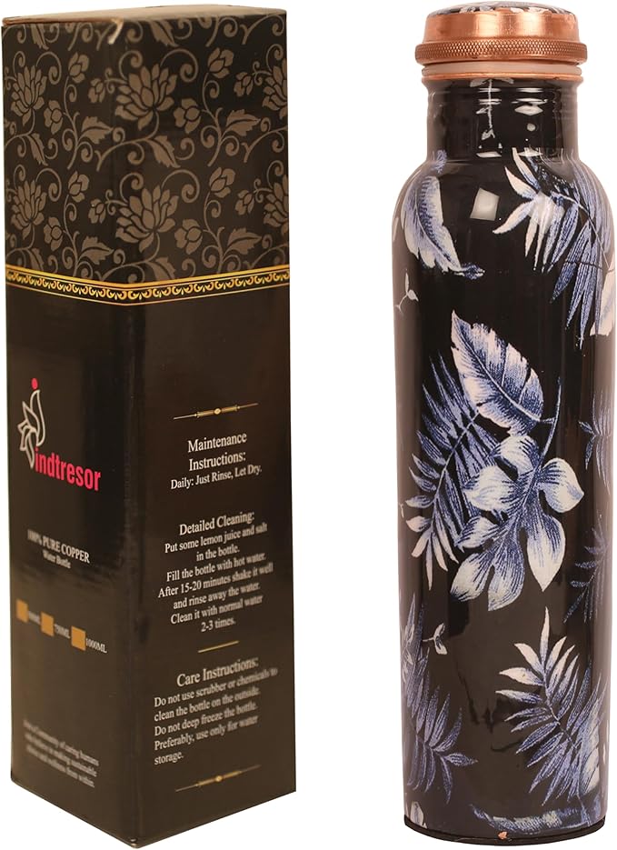Pure Copper Water Bottle - Handcrafted - Ayurveda health benefits - Large 35 oz - Leak proof - Easy to carry for Sports, Fitness, Yoga, School - Indigo Blue Artistic Petals Motifs Enamel