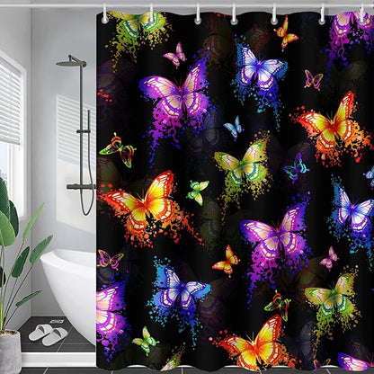 AILONEN Butterfly Shower Curtain for Bathroom, Colorful Butterfly Polyester Waterproof Bath Curtain,Modern Fashion Minimalist Shower Curtain with 12 Plastic Hooks,Black 60" W*72" H