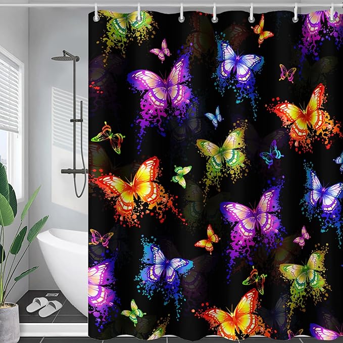 AILONEN Butterfly Shower Curtain for Bathroom, Colorful Butterfly Polyester Waterproof Bath Curtain,Modern Fashion Minimalist Shower Curtain with 12 Plastic Hooks,Black 72" W*78" H
