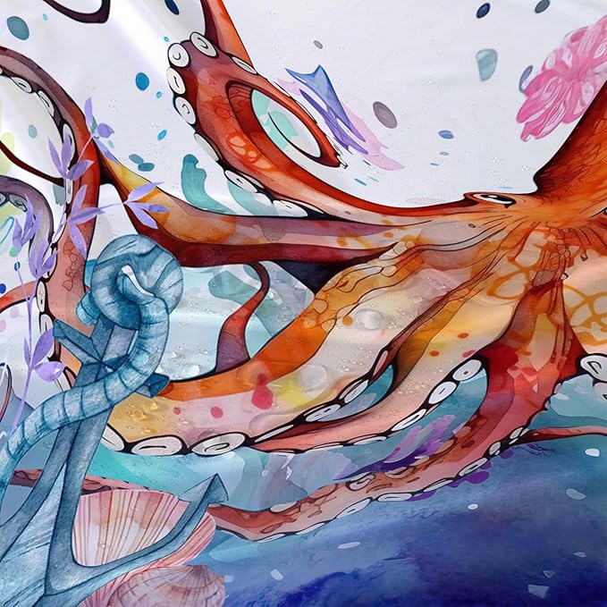 AILONEN Lovely Octopuses Shower Curtain Set, Red Cartoon Octopus Waterproof Fabric Shower Curtain for Bathroom,Watercolor Nautical Anchor Theme Cloth Bath Curtain with Hooks,72" Wx96 H
