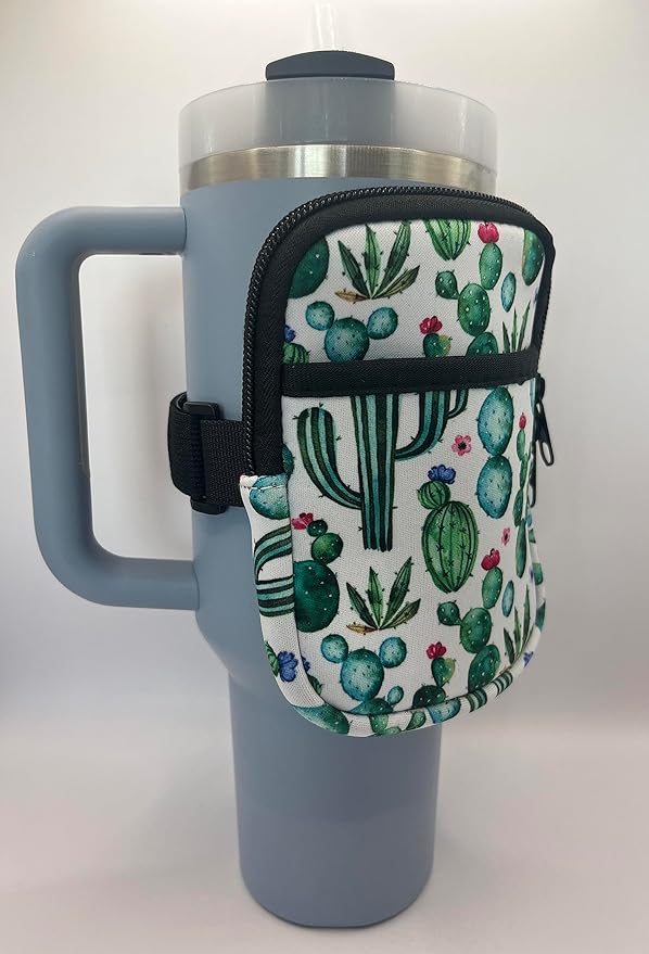 Neoprene Water Resistant Water Bottle Pouch with Adjustable Velcro, Gym Accessories, Sports Armband, Compatible with Stanley Quencher (Cactus)