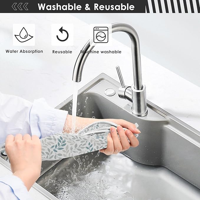 Gray and Blue Leaves Branches Faucet Water Catcher Mat 2 Pack Botanical Herbs Flowers Drying Mat Absorbent Bathroom Faucet Handle Drip Catcher Tray Bar RV Kitchen Sink Splash Guard 14x5 Inches