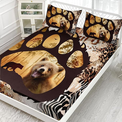 AILONEN Cute Bear Full Fitted Sheet Set for Girls Boys, Bear Paw Sheet Leopard Print Fitted Sheet with 2 Pillowcases,3 Pieces Rustic Vintage Bear Bed Sheet Set