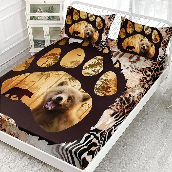 AILONEN Cute Bear Twin XL Fitted Sheet Set for Girls Boys, Bear Paw Sheet Leopard Print Fitted Sheet with 2 Pillowcases,3 Pieces Rustic Vintage Bear Bed Sheet Set
