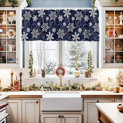Christmas Valance Curtains for Kitchen Windows White Navy Snowflakes Pattern Rod Pocket Window Treatment Toppers for Kitchen/Living Room/Bedroom/Bathroom, 42" X 18", Winter
