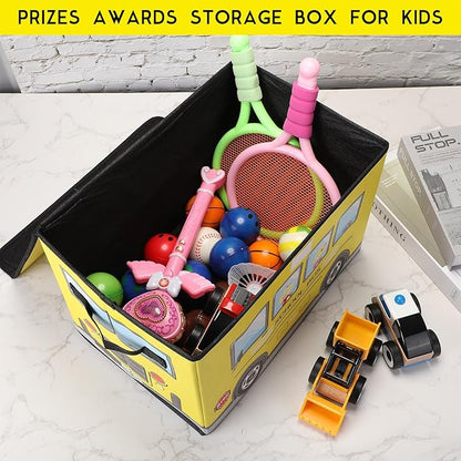 4 Pcs Prize Box for Classroom, School Bus Treasure Box Kids Foldable Chest Storage Box Kids Toy Chest with Lid Treasure Storage Organizer Bin for Kids Teachers Toy Prizes Awards for Students