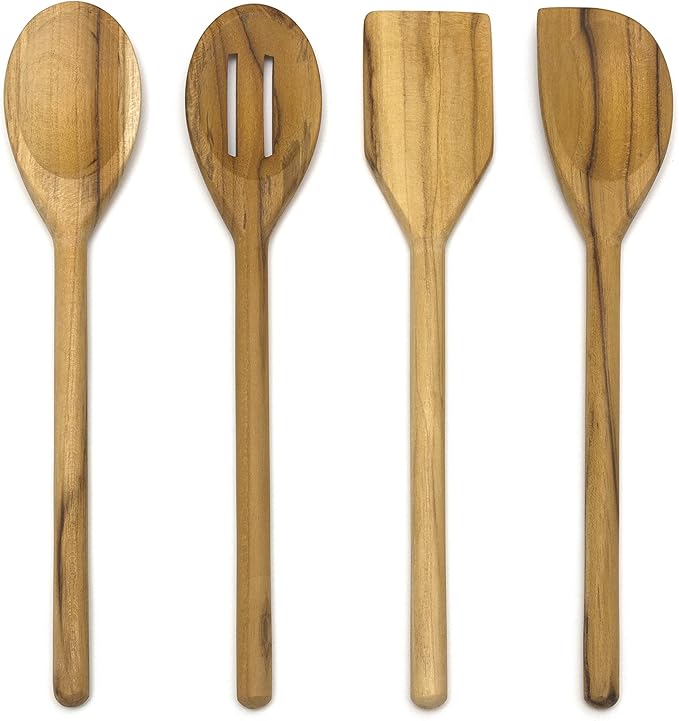 Lipper International Teak Wood Kitchen Tools for Cooking, 4-Piece Set, 11" Long