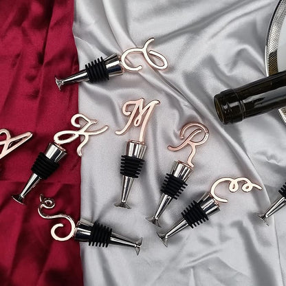 Monogram Wine and Beverage Bottle Stopper, Initial letter wine stoppers Decorative, Creative Wine Gift for Kitchen Bar Wedding Rose Gold Finish,Reusable, letter M