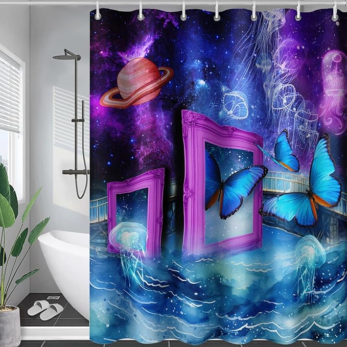 AILONEN Blue Butterfly Shower Curtains,Purple Galaxy Bath Curtains for Bathroom for Girls,Blue Ocean Jellyfish Curtains,Polyester Waterproof with 12 Hooks 60" W*72" H