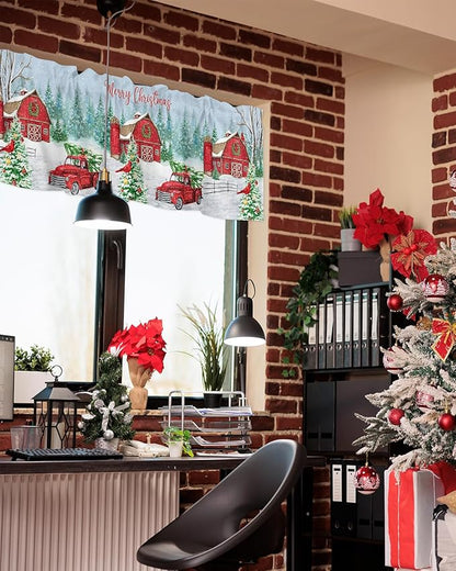 Red Truck Christmas Valance Curtains for Kitchen Windows Merry Christmas Farmhouse Rod Pocket Window Treatment Toppers for Kitchen/Living Room/Bedroom/Bathroom, 54" X 18", Winter Xmas Tree