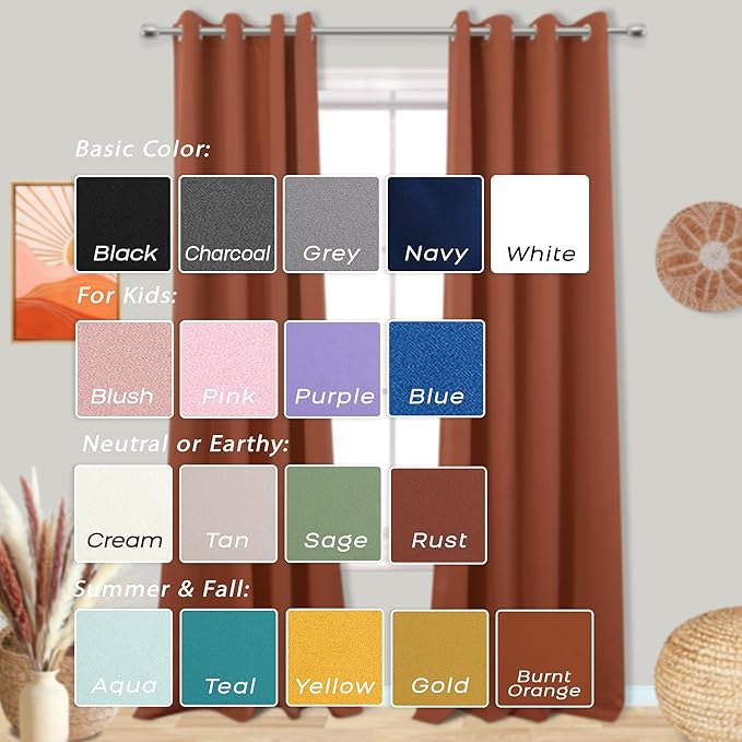 Mrs.Naturall Burnt Orange Curtains 2 Panels,Blackout Autumn Decor Fall Curtains for Living Room Bedroom Kitchen Dining Room 63 Inch Length