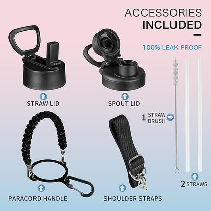 32oz Insulated Water Bottle with Paracord Handles & Strap, 2 Lids(Straw Lid&Spout Lid), Stainless Steel Reusable Wide Mouth Metal Water Bottle With Straw, Double Walled, Thermo Mug（Black Leoqard)