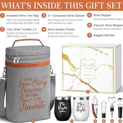 Anniversary Engagement Gifts for Men Women, Mr and Mrs Wine Tumblers Gifts - Funny Wedding Gifts for Couple, Bridal Shower, Newlywed - Insulated Wine Cooler Tote Bag with Glasses and Wine Accessories