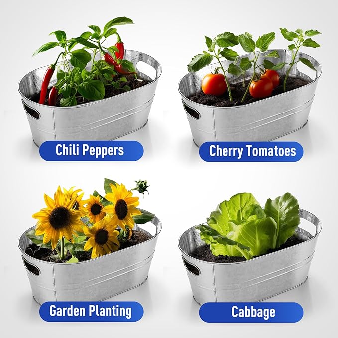 4PCS Galvanized Tub 4 Gallon with Carry Ice Bucket Large Metail Drink Buckets for Parties Beer Drink Storage Coller Ice Tub for Mimosa Bar Supplies