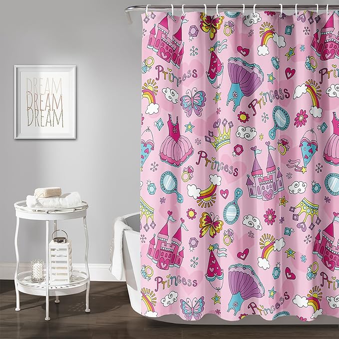 AILONEN Princess Dress Shower Curtain,Cartoon Sparkling Star Diamond Waterproof Shower Curtain Set for Girls Kids Teens, 72" W*72" H Pink Castle Jewelry Shower Curtain for Bathroom