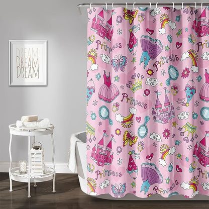 AILONEN Princess Dress Shower Curtain,Cartoon Sparkling Star Diamond Waterproof Shower Curtain Set for Girls Kids Teens, 72" W*78" H Pink Castle Jewelry Shower Curtain for Bathroom