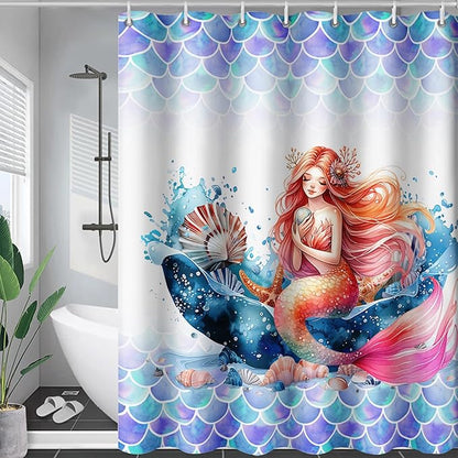 AILONEN Mermaid Shower Curtain,Watercolor Whale and Mermaid Bath Curtain,Beautiful Mermaid Princess Shower Curtain Ocean Fish Scale Print Curtain Waterproof with 12 Plastic Hooks, 72" W*84" H