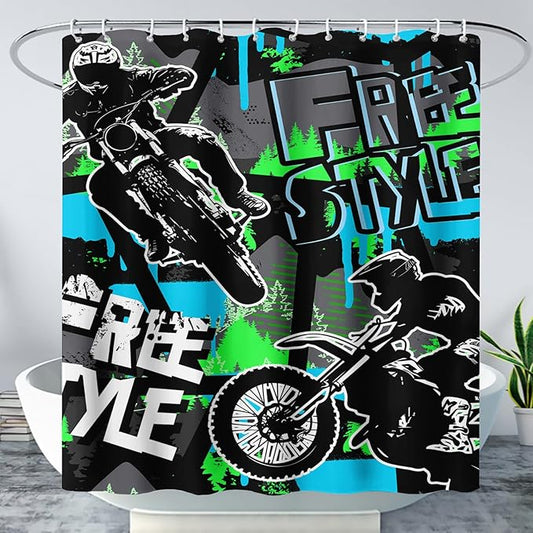 AILONEN Boys Motocross Hip Hop Shower Curtain,Dirt Bike Racer Waterproof Bath Curtain,Motorcycle Sport Curtain for Kids Men,Colorful Cartoon Shower Curtain 72" W x 96" H