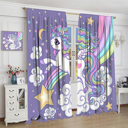 Kids Unicorn Curtains Purple Cartoon Rainbow Cartoon Room Blackout Curtains Boys Girls Baby Room Decor Curtains Living Room Decor 63x72 Inch 2 Panels