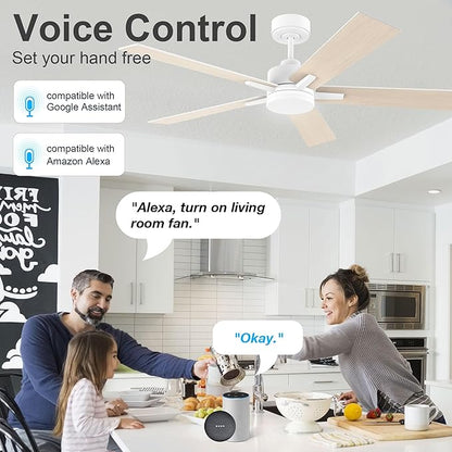 52” Smart Ceiling Fan with Lights Remote,Voice Control via Alexa Google WIFI App,Ultra Quiet DC Motor,Outdoor Indoor Modern Ceiling Fans,6-Speed for Bedroom Patio Porch,White and Wood Color