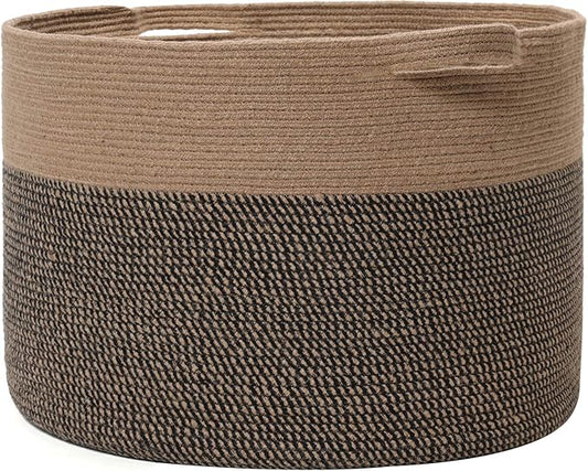 24" x 24" x 17" Max Size Large Cotton Rope Basket, Extra Large Storage Basket, Woven Laundry Hamper, Cloth Storage Bin, for Blankets Clothes Towels Pillows in Living Room, Jute/Black Mix