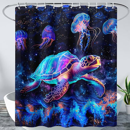 AILONEN Colorful Sea Turtle Shower Curtain for Bathroom,Beautiful Turtle with Jellyfish Bath Curtain for Kids,Boys,Girls,Ocean Animal Waterproof Fabric Shower Curtain Set with Hooks,48" W*72" H