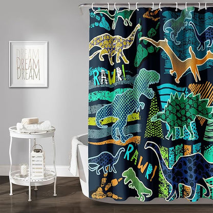 AILONEN Boys Dinosaur Shower Curtain 60" W*72" H for Bathroom,Cartoon Dinosaur Bathroom Shower for Kids Boys,Retro Blue Dinosaur Print Bath Curtain Polyester Waterproof Bathroom Curtain with 12 Hooks