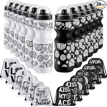 24 Pcs 24 oz Volleyball Water Bottle Bulk and Drawstring Bag Set 12 Reusable Plastic Biking Water Bottle Tumbler 12 Sport Gym Goodie Gift Bag for Party Favor (Black)