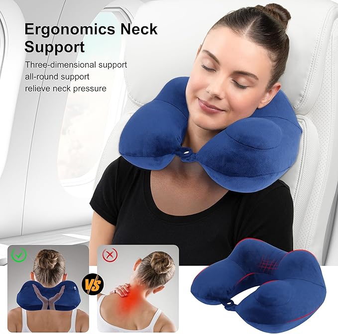 Neck Pillow, Inflatable Travel Pillows for Sleeping to Avoid Neck and Head Pain, Soft & Support Travel Essentials for Flight Headrest Sleep/Car/Office&Home Rest Use (Blue)