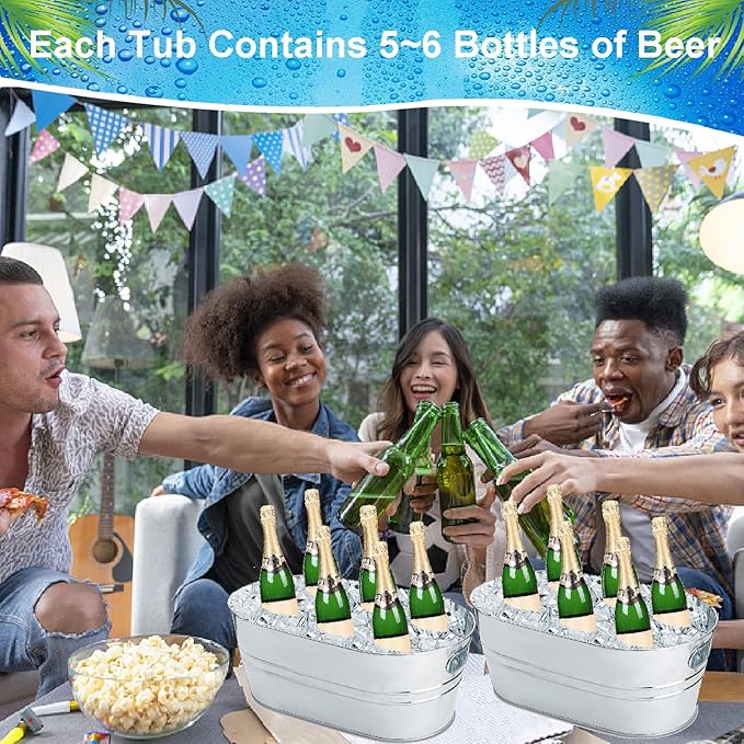 4Pcs Ice Buckets for Parties, 4 Gallon Small Metal Bucket Galvanized Ice Tub Stainless Steel Beverage Drink Buckets Bulk with 2Pcs Ice Scoops, Each for 5-6 Bottles of Beer Wine Champagne