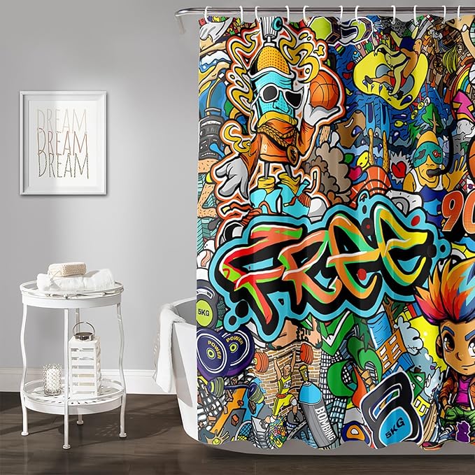 AILONEN Sport Graffiti Shower Curtain for Bathroom,Colorful Graffiti Pattern Bathroom Curtain for Kids Boys Girls,Bath Curtain 36" W*72" H Polyester Waterproof Bathroom Curtain with 12 Hooks
