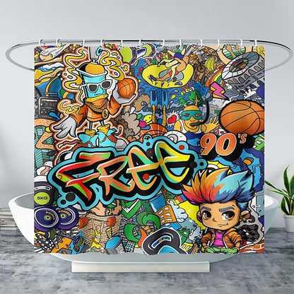 AILONEN Sport Graffiti Shower Curtain for Bathroom,Colorful Graffiti Pattern Bathroom Curtain for Kids Boys Girls,Bath Curtain 48" W*72" H Polyester Waterproof Bathroom Curtain with 12 Hooks