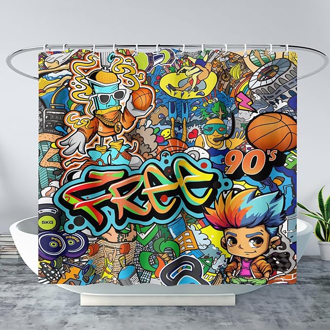 AILONEN Sport Graffiti Shower Curtain for Bathroom,Colorful Graffiti Pattern Bathroom Curtain for Kids Boys Girls,Bath Curtain 72" W*78" H Polyester Waterproof Bathroom Curtain with 12 Hooks