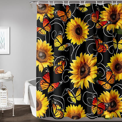 AILONEN Yellow Sunflower and Butterfly Shower Curtain,Garden Flower Black Bath Curtain,Modern Botanical Floral Waterproof Shower Curtain, 72" W x 84" H
