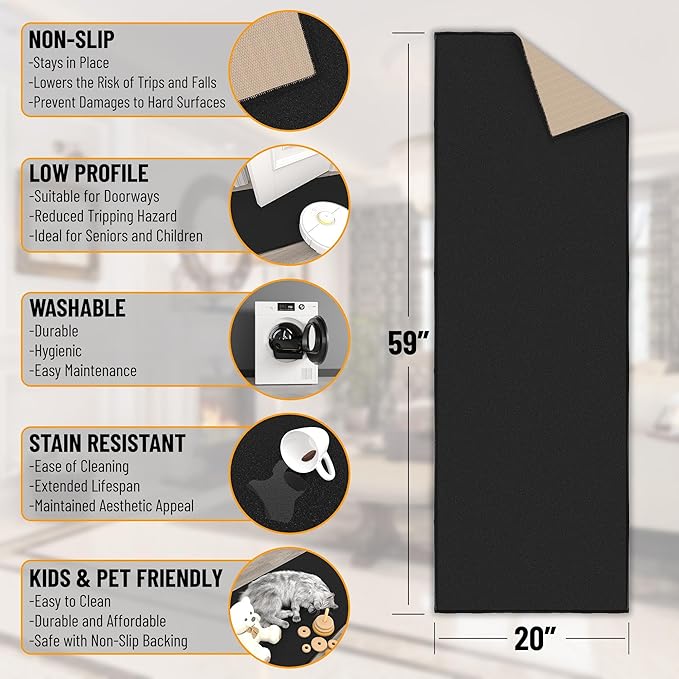 Machine Washable Modern Solid Design Non-Slip Rubberback 2x5 Traditional Runner Rug for Hallway, Kitchen, Bedroom, Entryway, 20" x 59", Black