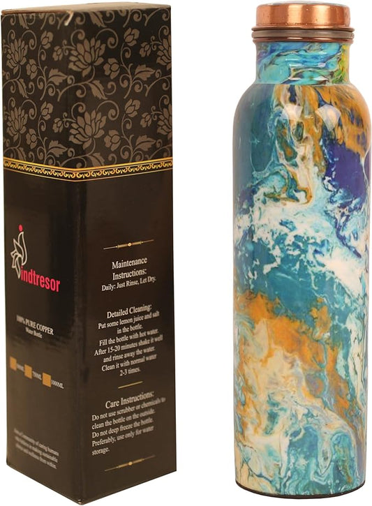 Pure Copper Water Bottle - Handcrafted - Ayurveda health benefits - Large 35 oz - Leak proof - Easy to carry for Sports, Fitness, Yoga, School - Royal Mosaic 3D Vintage Colorful Enamel