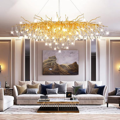 70.87 Inch Modern Gold Crystal Chandeliers, Large Branch Raindrop Chandelier,Rectangle Chandelier Lighting Fixture 19-Light for Foyer Entryway High Ceiling Dining Room, Living Room