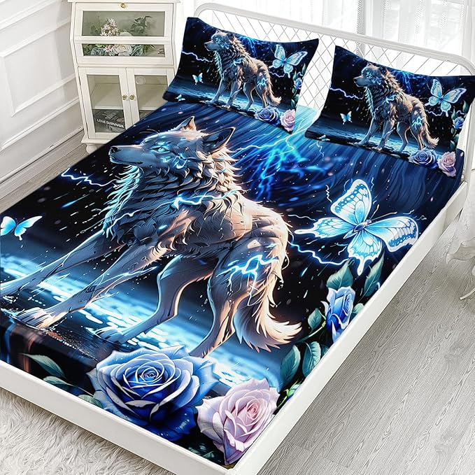 AILONEN Wolf Fitted Sheet Set Twin Size, Blue Lightning Wolf Butterfly Safari Wolf Bed Sheet Set,3 Pieces Teen Boys Sheet Set,Cool Wolf Fitted Sheet with 2 Pillowcases