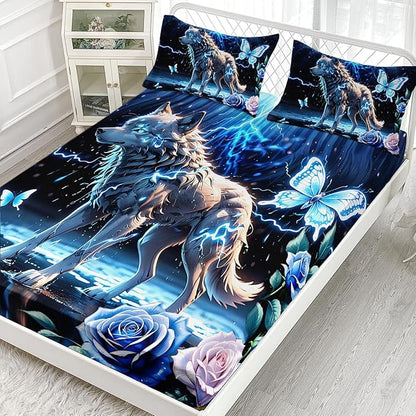 AILONEN Wolf Fitted Sheet Set Twin Size, Blue Lightning Wolf Butterfly Safari Wolf Bed Sheet Set,3 Pieces Teen Boys Sheet Set,Cool Wolf Fitted Sheet with 2 Pillowcases