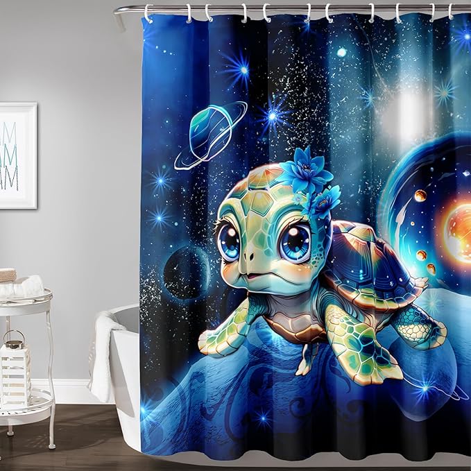 AILONEN 3D Sea Turtle Shower Curtain for Bathroom, Cute Turtle Blue Space Galaxy Bath Curtain,Kids Kawaii Ocean Turtle Decorative Watercolor Curtain with 12 Plastic Hooks for Boys Girls 48" W*72" H