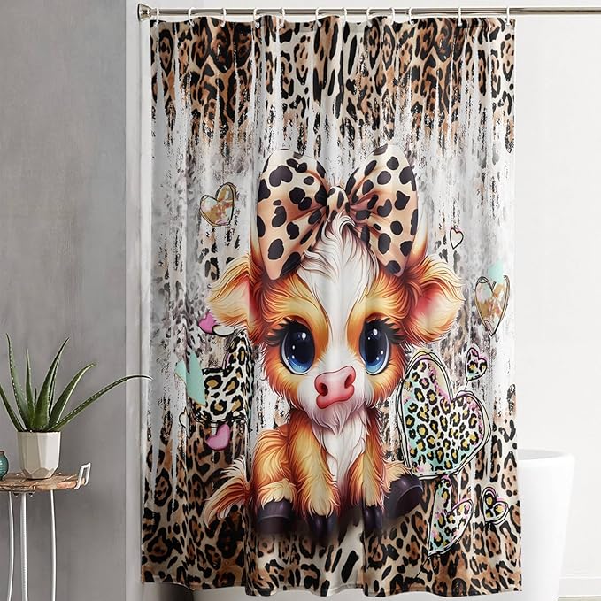 AILONEN Cartoon Yak Shower Curtain Set, Kids Leopard Print Love Yak Waterproof Fabric Shower Curtain for Bathroom Decor,Bow Tie Yak Cloth Bath Curtain Set with Plastic Hooks,72" Wx84 H