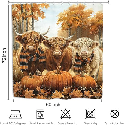 Autumn Highland Cow Shower Curtain 60Wx72L Inch Fall Bull Pumpkin Harvest Maple Orange Animal Thanksgiving Funny Seasonal Bathroom Set Accessories Decor with 12 Pack Hooks