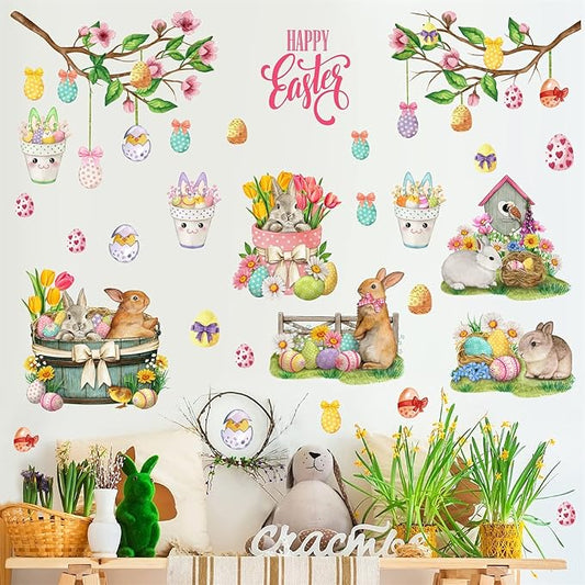Happy Easter Wall Stickers Bunny Rabbit Wall Decals Peel and Stick Wall Art Decal Easter Egg Wall Decal Spring Flower Tree Branch Window Clings for Kids Room Nursery Living Room Kitchen Decor Gifts