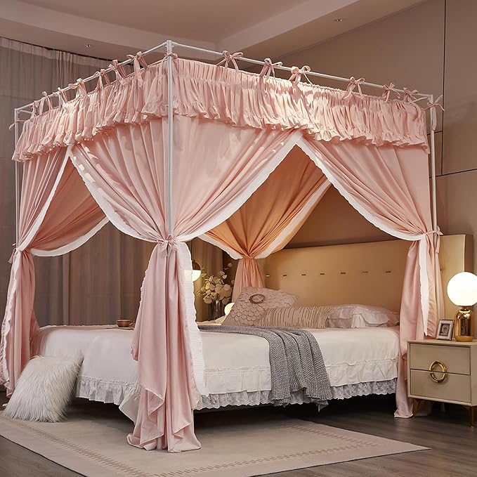 4 Corners Post Princess Ruffle Curtain Bed Canopy Lace Up Elastic Cozy Breathable Tent Mosquito Net for Girls Bedroom Decoration(Pink, 70-78" W*86" L*82" H/King)