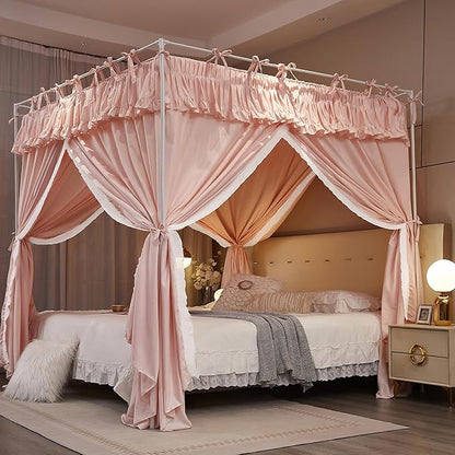 4 Corners Post Princess Ruffle Curtain Bed Canopy Lace Up Elastic Cozy Breathable Tent Mosquito Net for Girls Bedroom Decoration(Pink, 70-78" W*86" L*82" H/King)